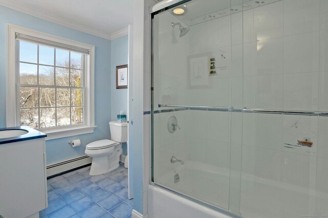 full bathroom featuring a baseboard heating unit, bath / shower combo with glass door, vanity, ornamental molding, and toilet