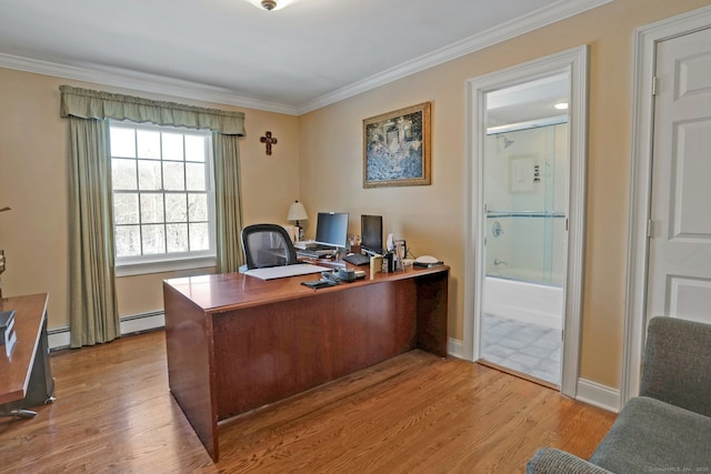 office with crown molding, a baseboard radiator, and light hardwood / wood-style floors