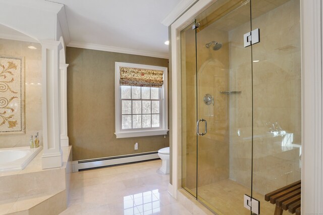 bathroom with toilet, crown molding, baseboard heating, plus walk in shower, and decorative columns