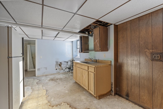 basement featuring sink, a paneled ceiling, and wooden walls