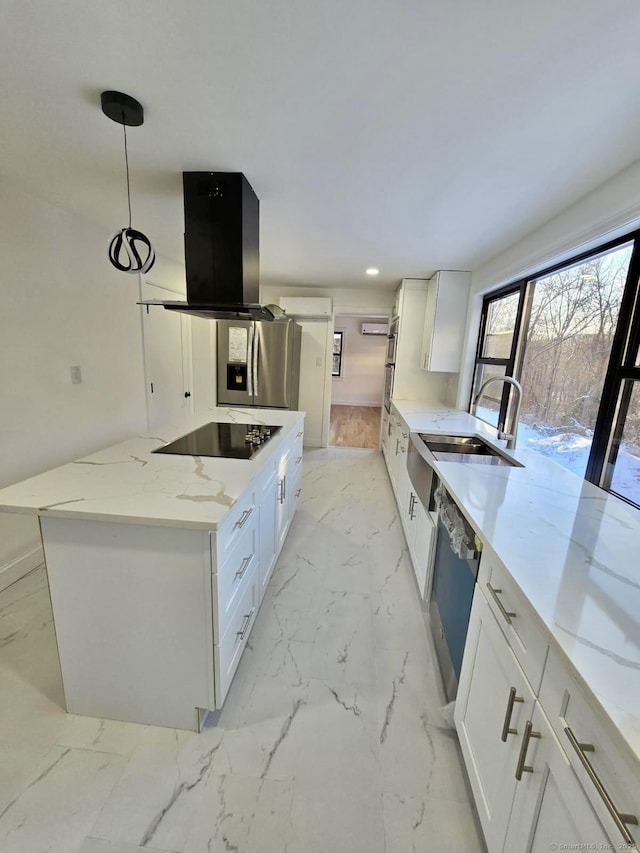 kitchen with white cabinetry, stainless steel fridge with ice dispenser, pendant lighting, and island exhaust hood