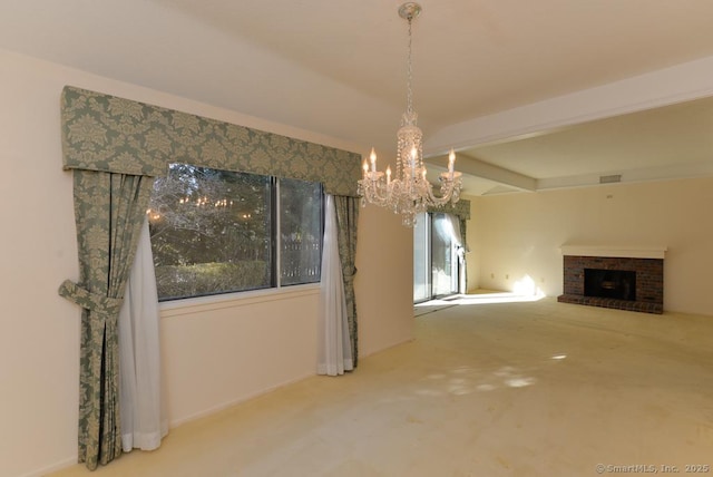 unfurnished living room featuring a fireplace, carpet floors, and beamed ceiling