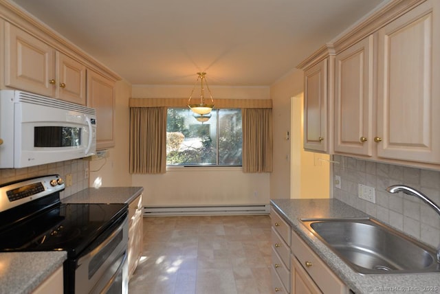 kitchen featuring pendant lighting, sink, decorative backsplash, double oven range, and a baseboard heating unit