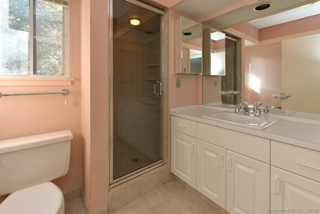 bathroom featuring vanity, toilet, an enclosed shower, and tile patterned flooring