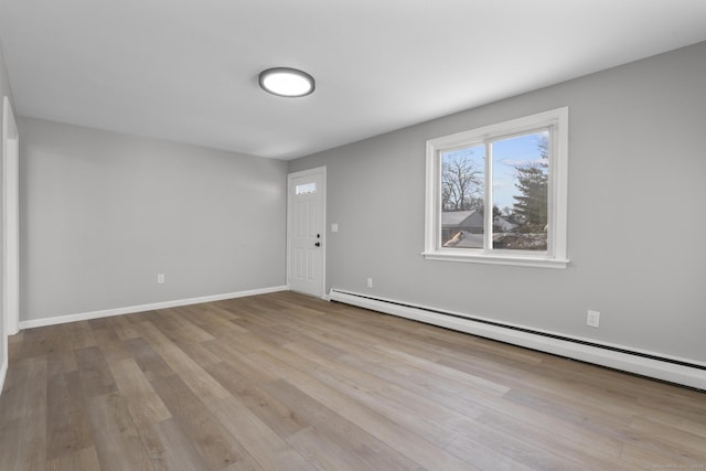 unfurnished room featuring light hardwood / wood-style flooring and a baseboard radiator