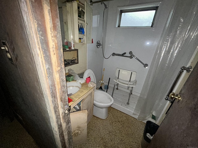 bathroom featuring vanity, toilet, and a shower with shower curtain