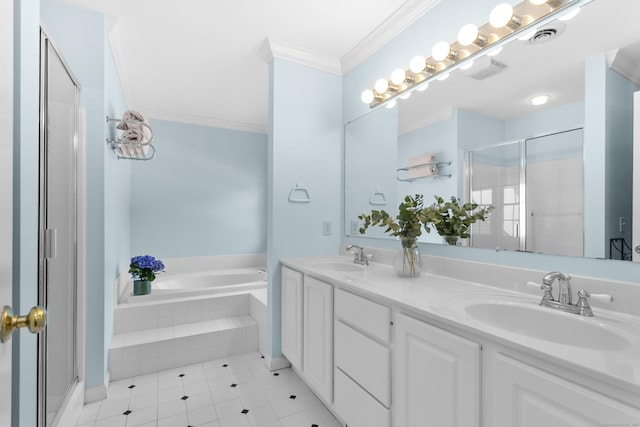 bathroom featuring independent shower and bath, crown molding, tile patterned flooring, and vanity