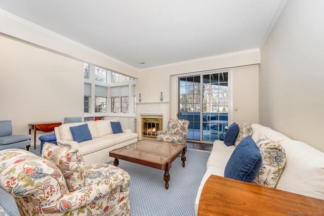 living room featuring plenty of natural light and ornamental molding