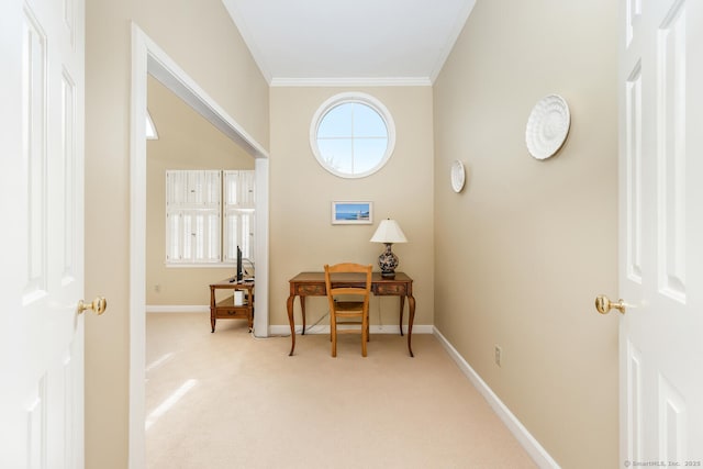 office area featuring crown molding and light colored carpet