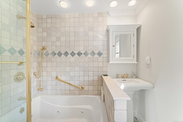 bathroom with a combined bath / shower with jetted tub and crown molding