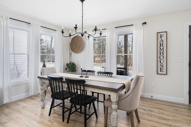 dining space with a chandelier, light hardwood / wood-style flooring, and a wealth of natural light