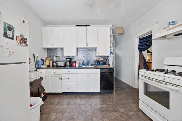 kitchen featuring sink, backsplash, white cabinets, ceiling fan, and white appliances