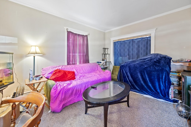 bedroom featuring ornamental molding and carpet floors