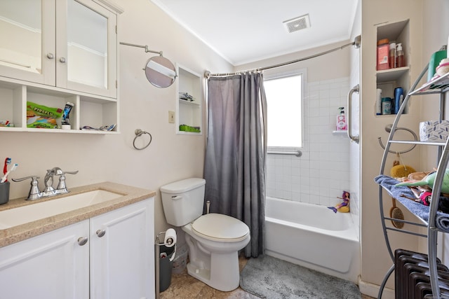 full bathroom with vanity, radiator, toilet, and shower / bath combo