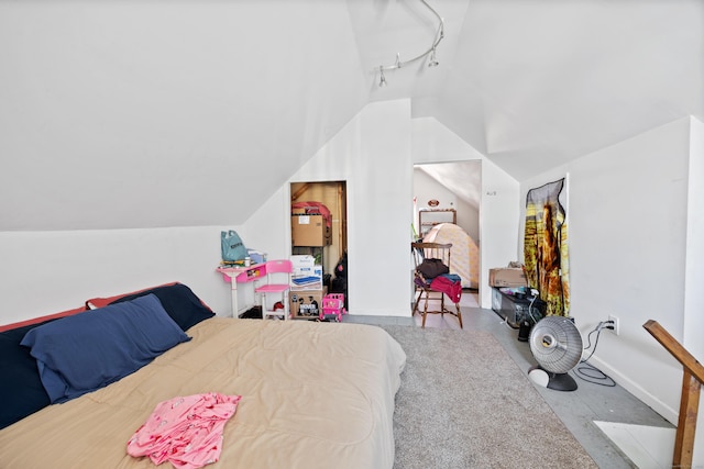 bedroom with track lighting and lofted ceiling