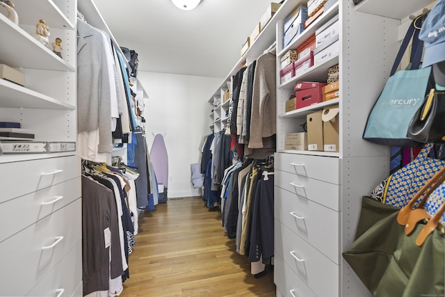 walk in closet with light hardwood / wood-style floors