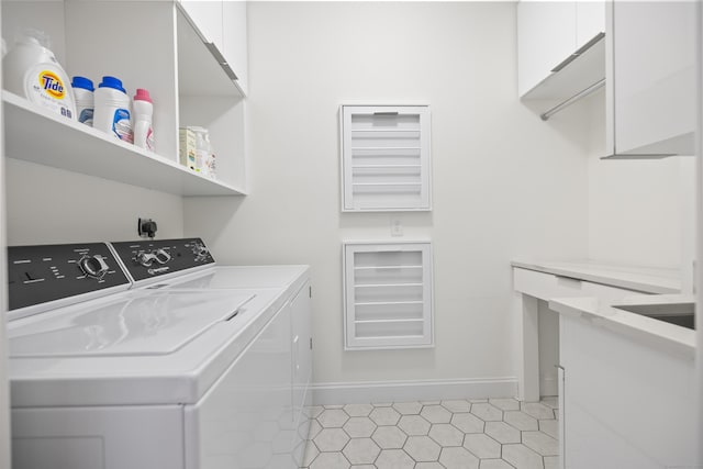 laundry room featuring cabinets and washing machine and clothes dryer