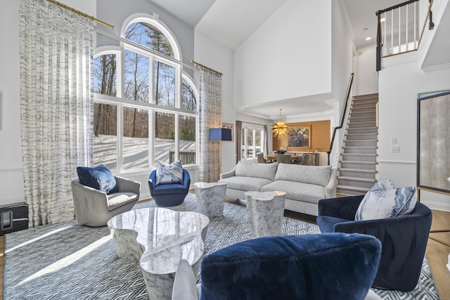 living room featuring a high ceiling