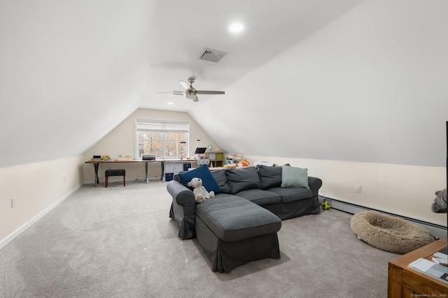 living room with a baseboard heating unit, lofted ceiling, and carpet floors