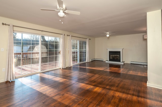 unfurnished living room featuring ceiling fan, dark wood-type flooring, and baseboard heating