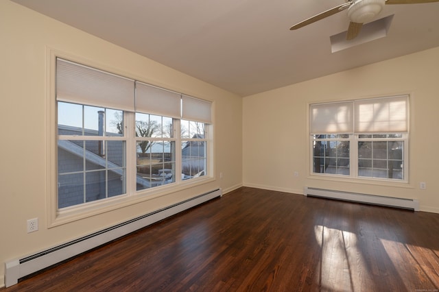 empty room with dark hardwood / wood-style flooring, lofted ceiling, ceiling fan, and baseboard heating