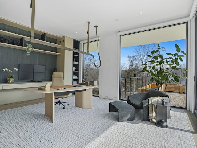 office area with a wall of windows and wood finished floors