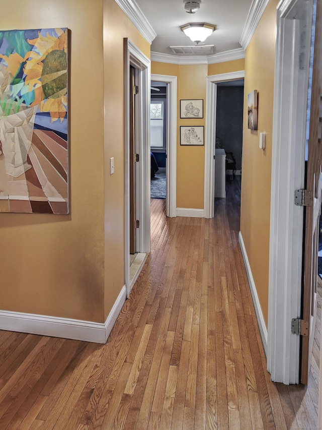 corridor featuring crown molding and hardwood / wood-style floors