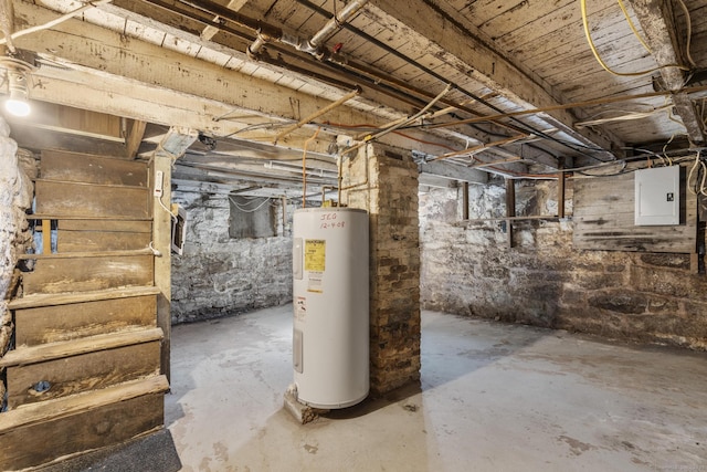 unfinished below grade area featuring water heater and electric panel