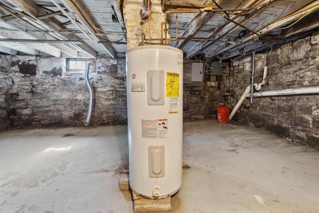 below grade area with electric panel and electric water heater