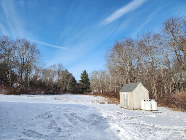 yard covered in snow with a storage unit