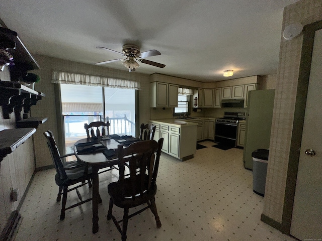 dining space with sink and ceiling fan