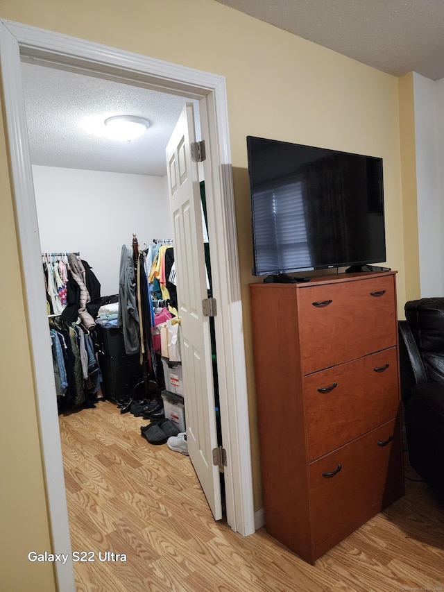 walk in closet with light hardwood / wood-style flooring