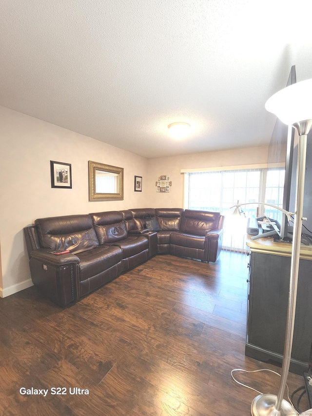 living room with dark hardwood / wood-style floors and a textured ceiling