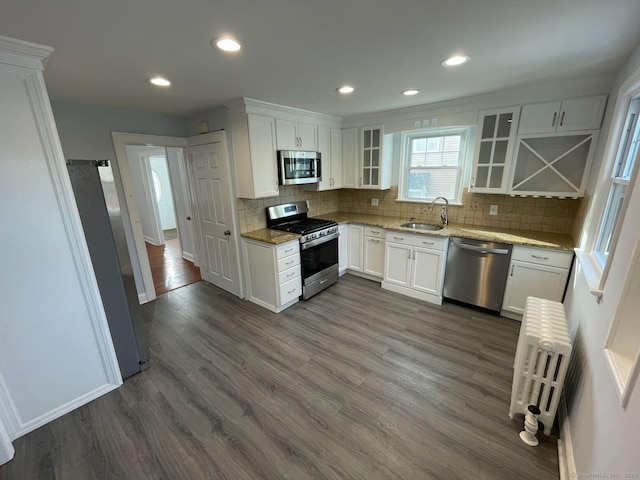 kitchen featuring sink, white cabinets, stainless steel appliances, light stone countertops, and dark wood-type flooring