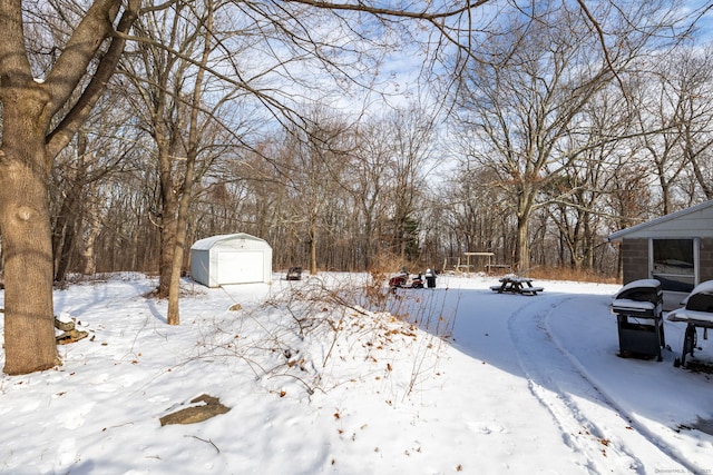 yard layered in snow with a shed