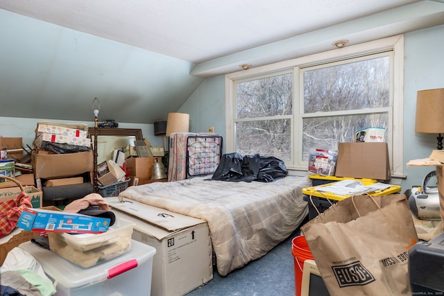 carpeted bedroom with multiple windows and vaulted ceiling