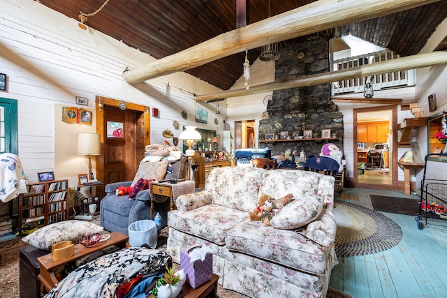 108 Fall Mountain Rd, Bristol, CT 06010 - living room with hardwood / wood-style flooring, wood walls, and high vaulted ceiling