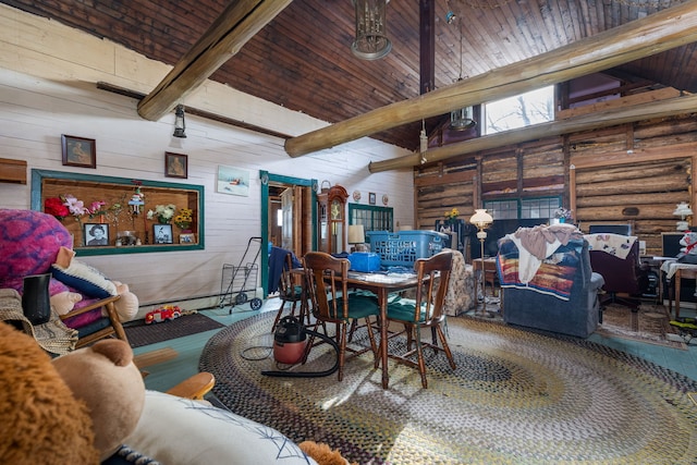 dining area featuring high vaulted ceiling, rustic walls, beam ceiling, and wood walls