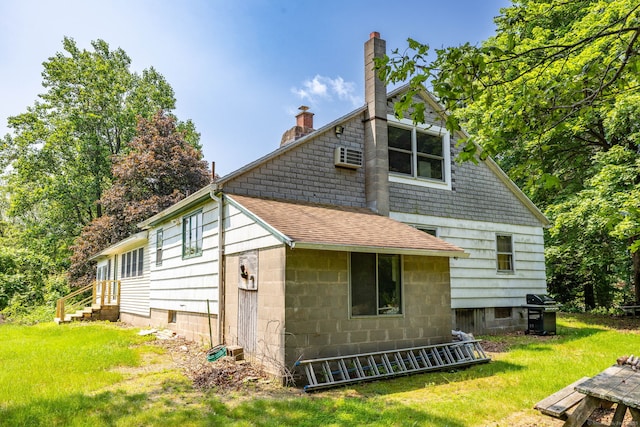 108 Fall Mountain Rd, Bristol, CT 06010 - rear view of property featuring a chimney, a shingled roof, and a yard