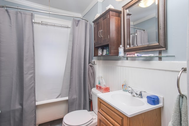 full bathroom featuring shower / tub combo, vanity, crown molding, and toilet