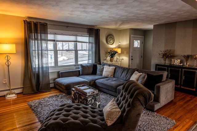 living room featuring baseboard heating and hardwood / wood-style floors