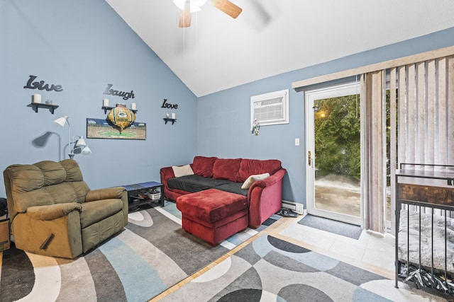 living room featuring light tile patterned flooring, lofted ceiling, a wall mounted air conditioner, and ceiling fan