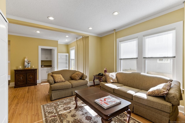 living room with a baseboard radiator, ornamental molding, a textured ceiling, and light wood-type flooring