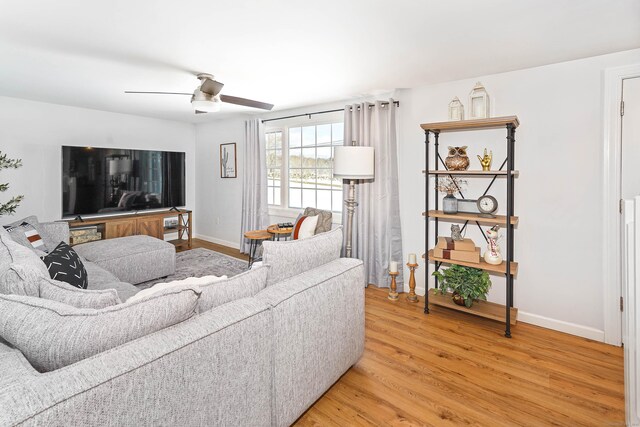 living room featuring light hardwood / wood-style floors and ceiling fan