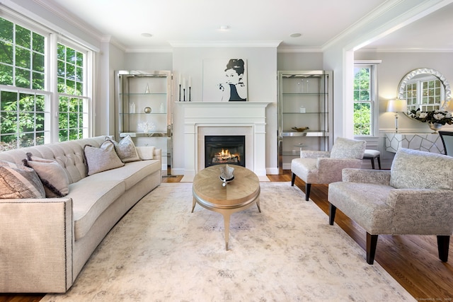 living room with crown molding and light wood-type flooring