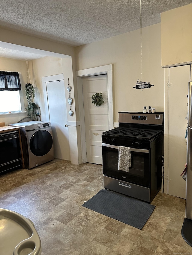 kitchen with washer / clothes dryer, dishwasher, stainless steel range with gas cooktop, and a textured ceiling