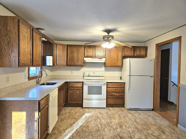 kitchen with ceiling fan, white appliances, sink, and a textured ceiling