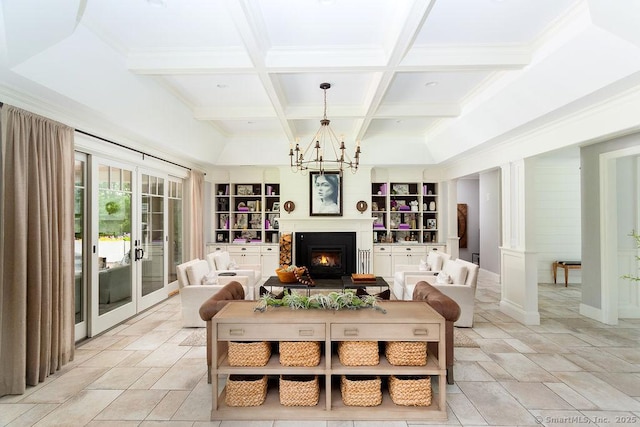 living room featuring french doors, coffered ceiling, a chandelier, built in features, and beamed ceiling