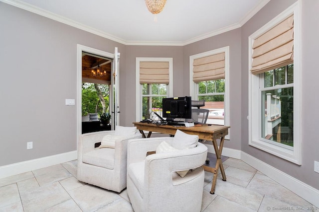 office space featuring crown molding and light tile patterned flooring