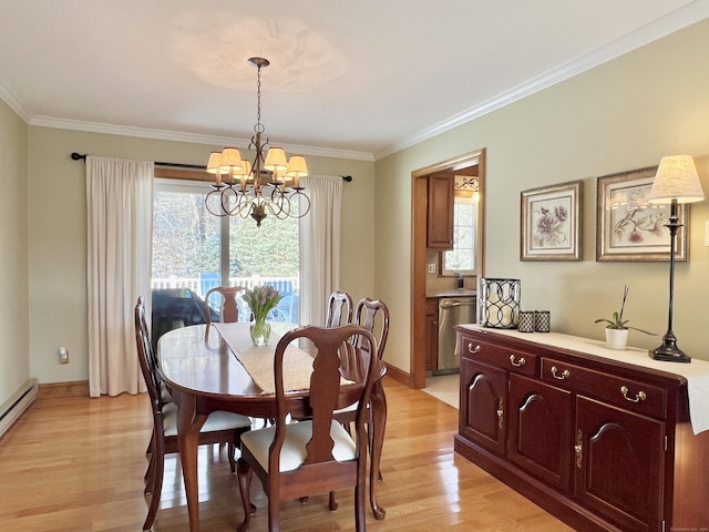 dining area with crown molding, a baseboard heating unit, an inviting chandelier, and light hardwood / wood-style flooring